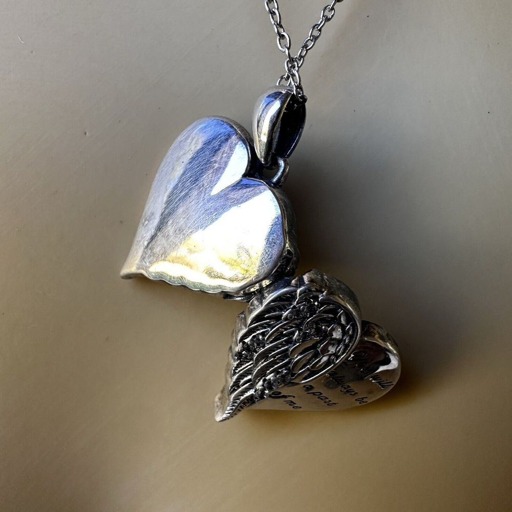 Heart Photo Locket Pendant Necklace 18 Inch CZ Angel Wings 925 Sterling 7.0g - Picture 4 of 9